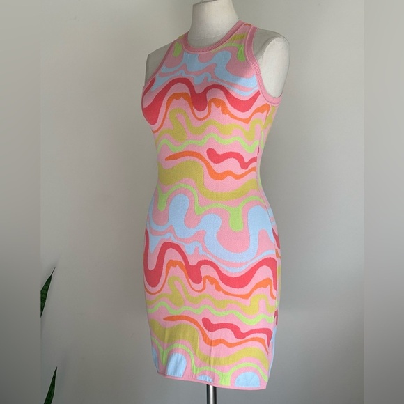 Nicole Miller Knit Psychedelic Colorful Wave Pattern Bodycon Sleeveless Dress XS - Picture 2 of 6